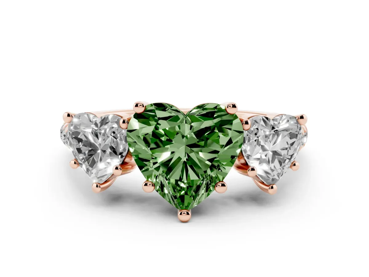 Fancy Green Three-Stone Heart Cut Diamond Ring with Round Pavé Band and Prong Setting Rose gold