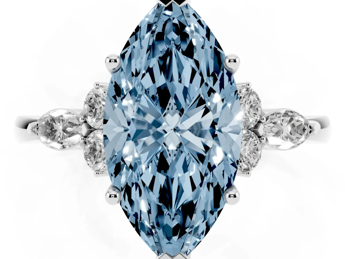 Fancy Blue Marquise Cut Brilliant Diamond Solitaire Ring with Pear Side Stones and Four-Prong Setting Silver