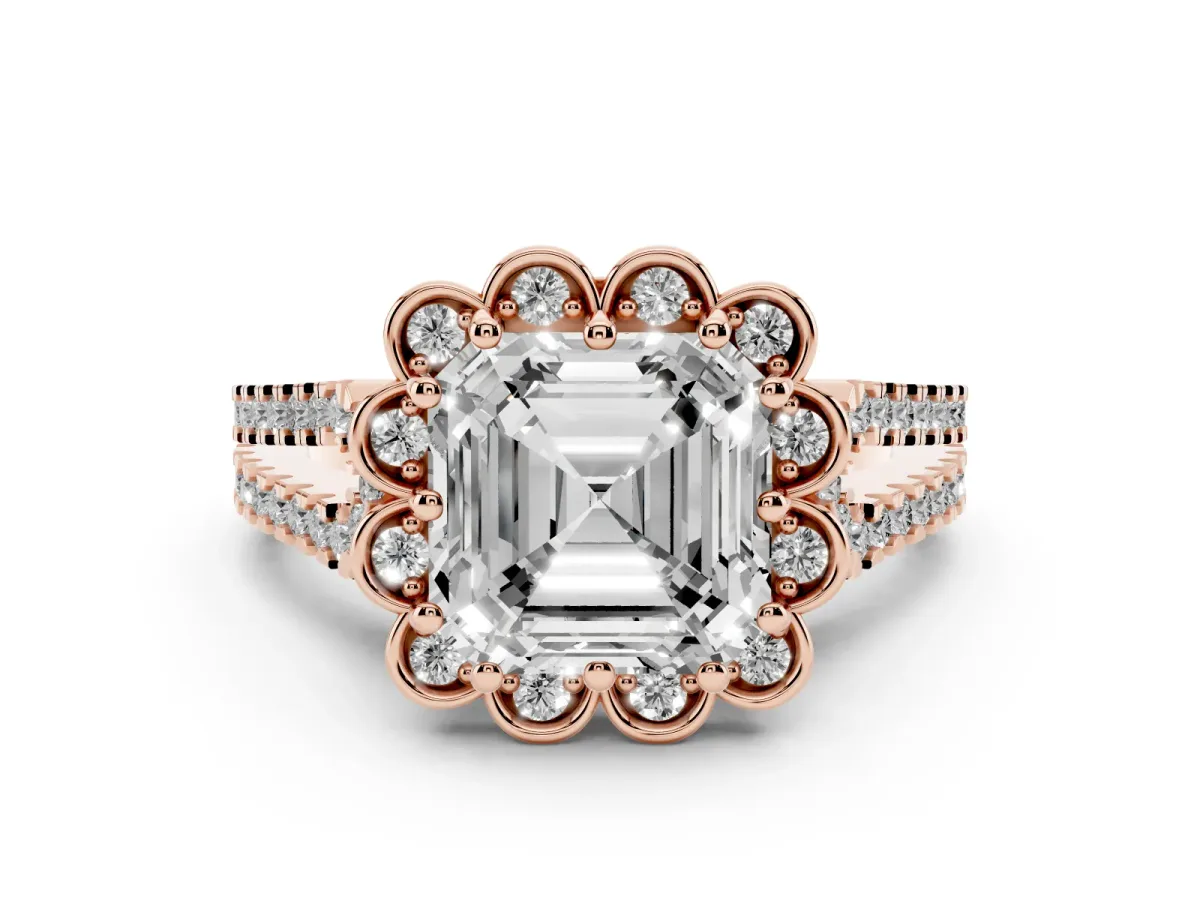 Asscher Cut Halo Diamond Floral Split Shank Engagement Ring Rose gold