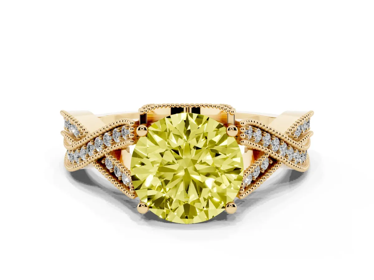 Fancy Yellow Round Cut Cut Diamond Twisted Band with Milgrain Pave Setting and Four-Prong Setting Yellow gold
