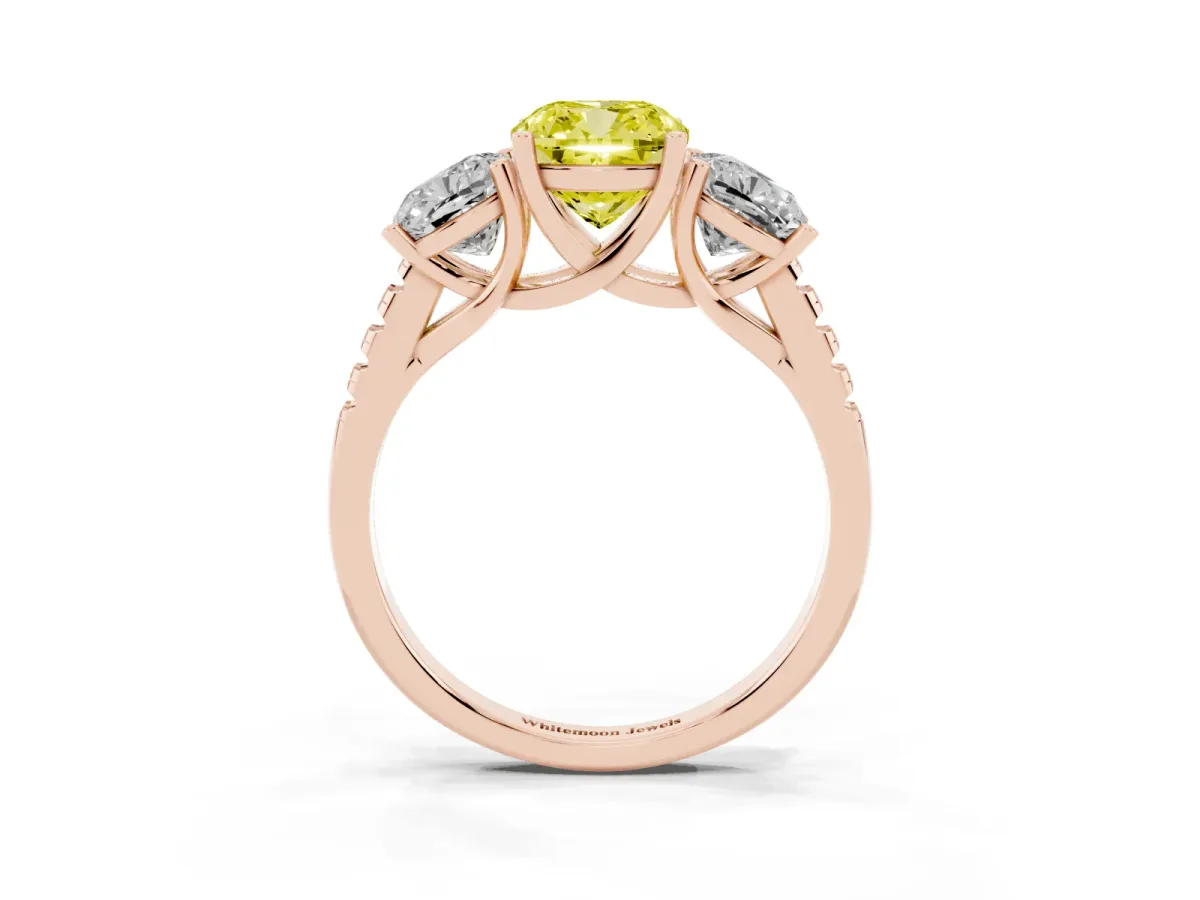 Fancy Yellow Three-Stone Cushion Cut Diamond Ring with Round Pavé Band and Prong Setting Rose gold