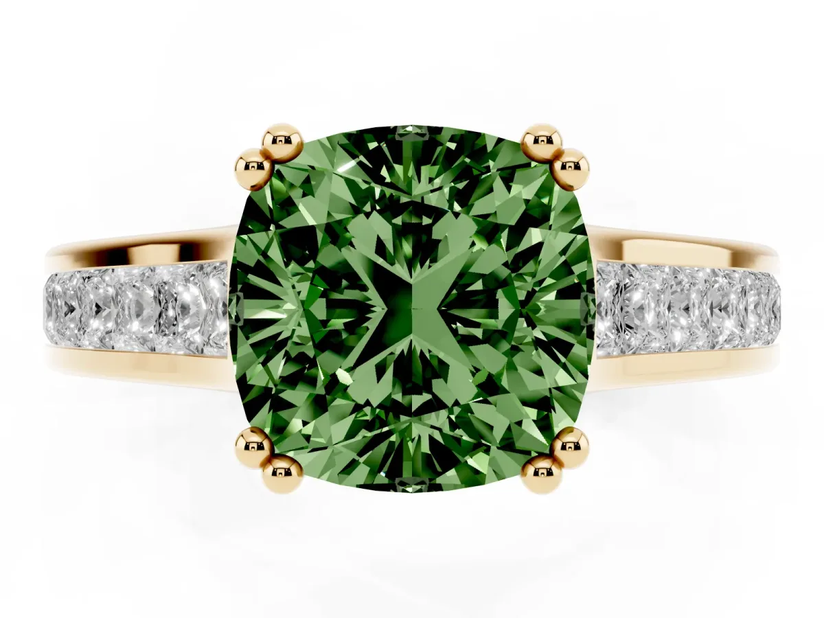 Fancy Green Cushion Cut Cut Channel Set Solitaire Engagement Ring with Prong Setting Yellow gold