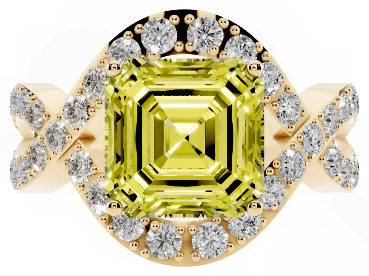Fancy Yellow Asscher Cut Solitaire Twist Band Pavé Diamond Engagement Ring Yellow gold