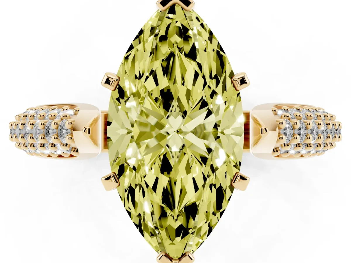 Fancy Yellow Marquise Cut Diamond Solitaire Engagement Ring with Multi-Row Round Pavé Band and Prong Setting Yellow gold