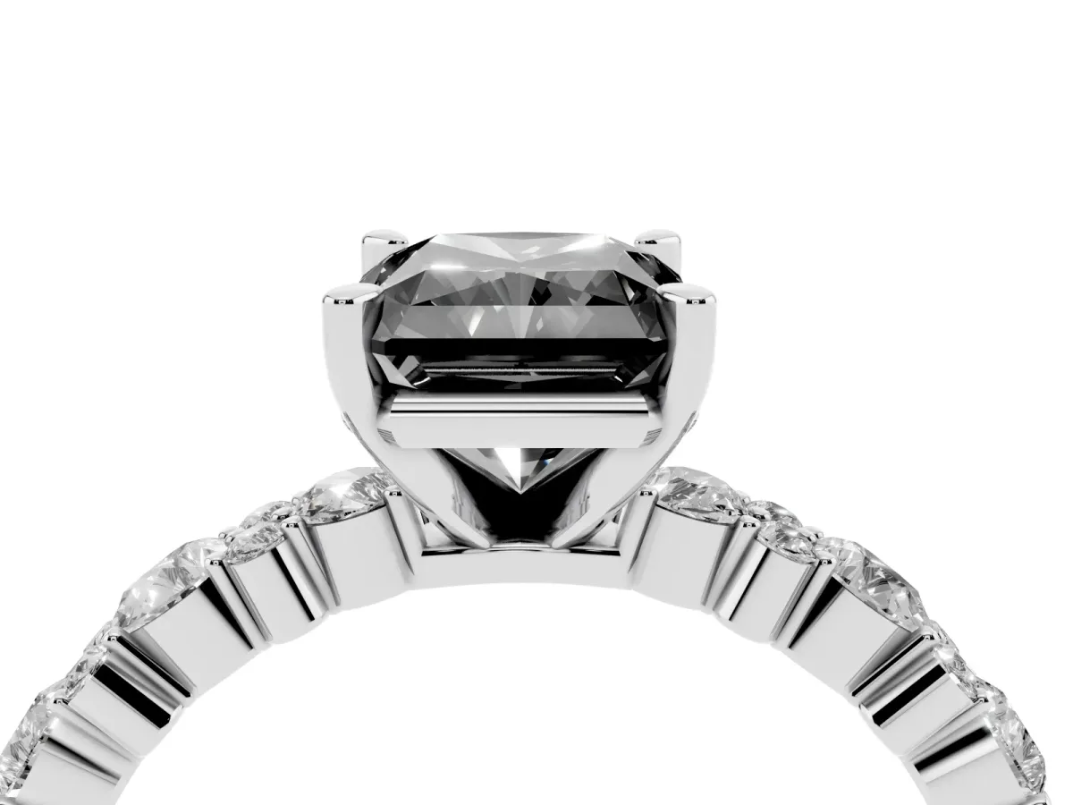 Fancy Black Radiant Cut Diamond Side Stone Solitaire Ring with Round and Four-Prong Setting Platinum