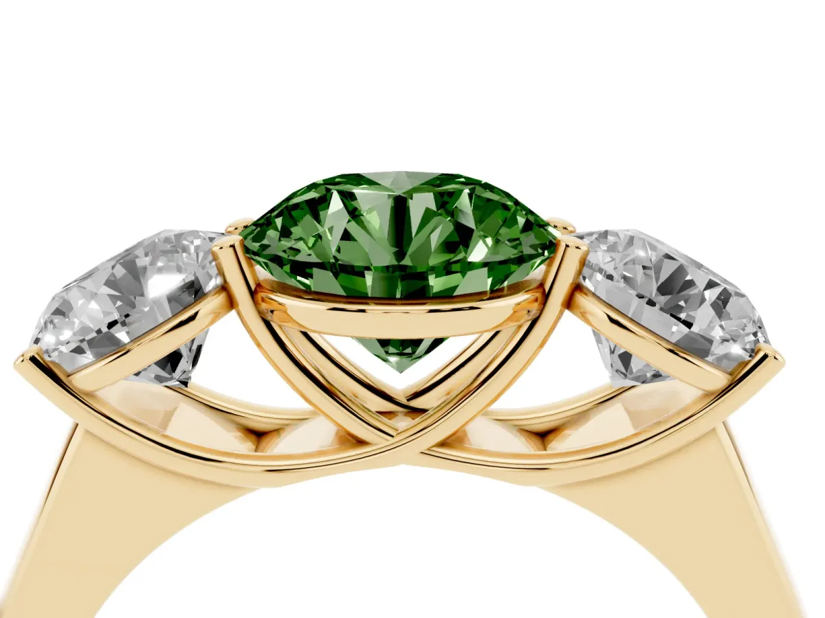 Fancy Green Round Cut Three-Stone Diamond Ring with Prong Setting on a Classic Band Yellow gold