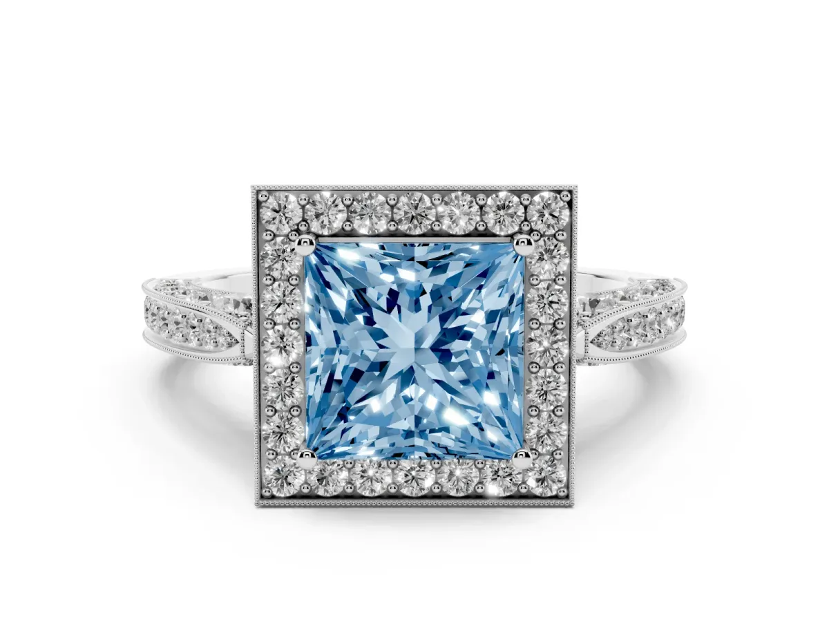 Fancy Blue Princess Cut Halo Diamond Engagement Ring with Split Shank Band and Four-Prong Setting Silver