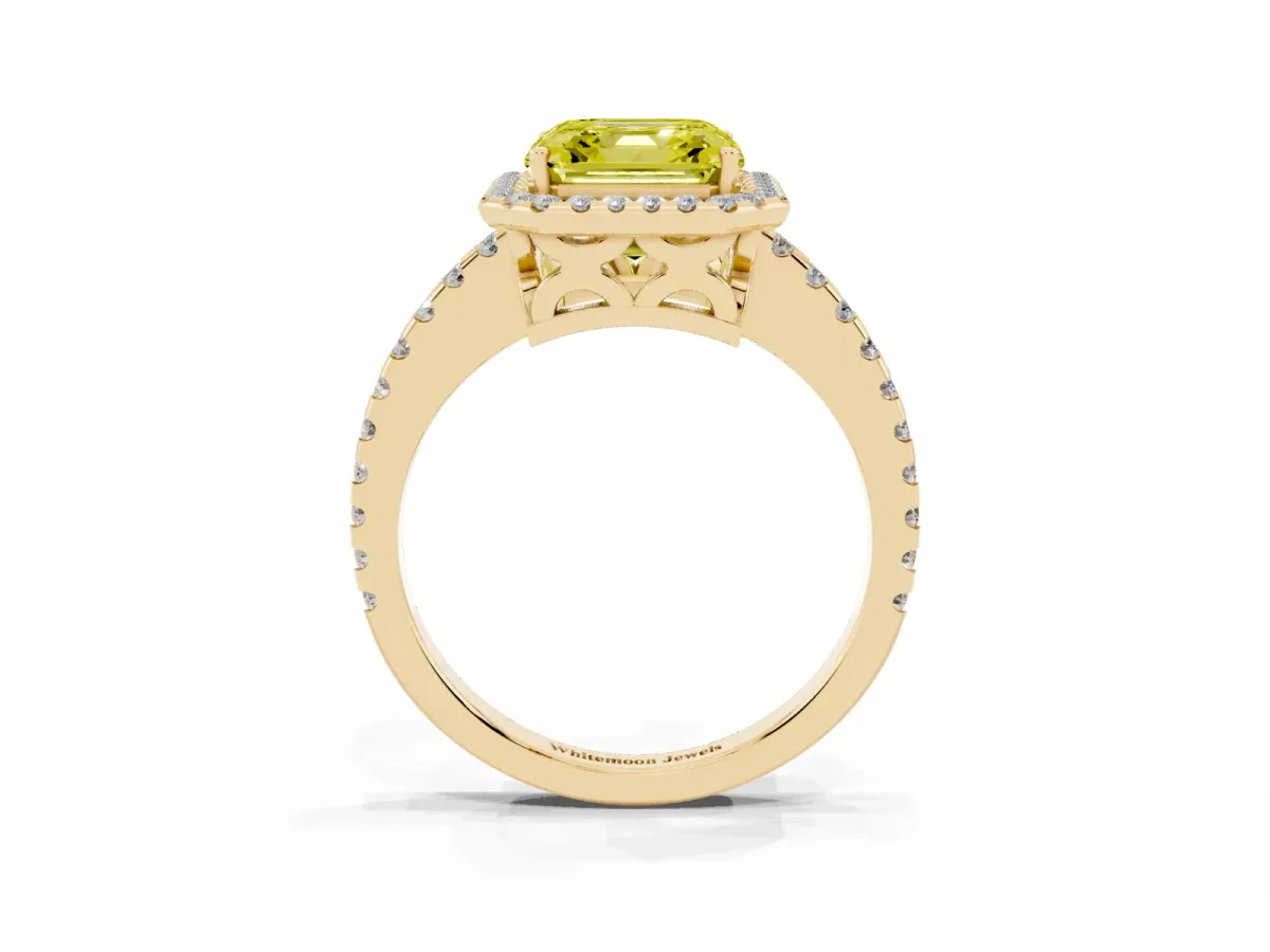 Fancy Yellow Asscher Cut Diamond Halo Engagement Ring with Pavé Band and Prong Setting Yellow gold