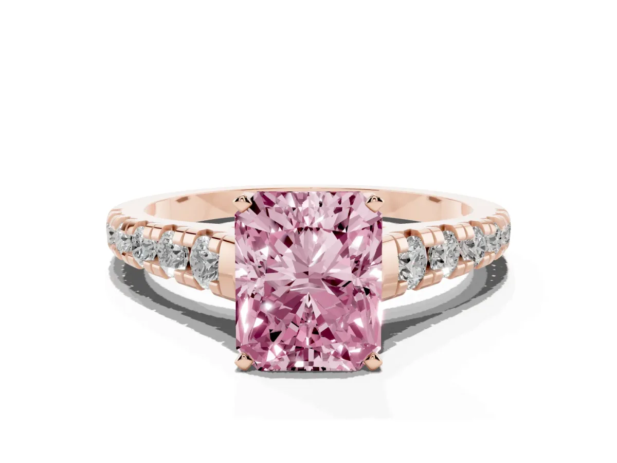 Fancy Pink Radiant Cut Diamond Cathedral Solitaire Ring with Round Pavé Band Rose gold