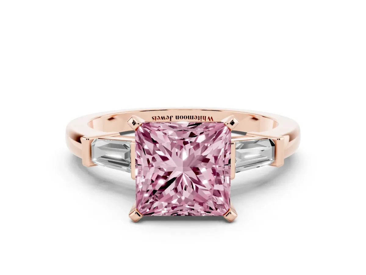 Fancy Pink Princess Cut Cut Diamond Solitaire Ring with Tapered Baguette Accents and Four-Prong Setting Rose gold
