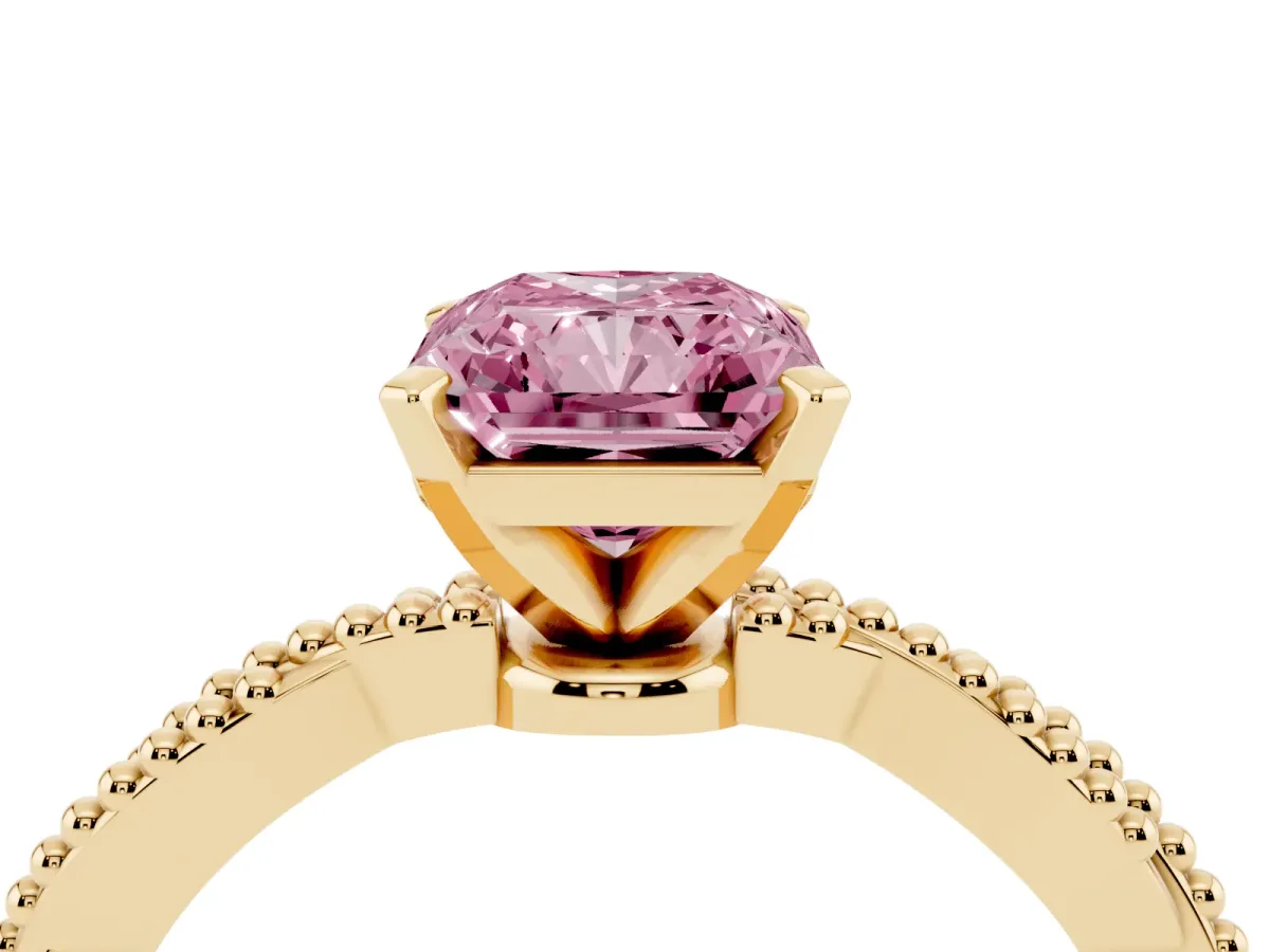 Fancy Pink Radiant Cut Solitaire Twisted Band with Bead Prong Setting Yellow gold