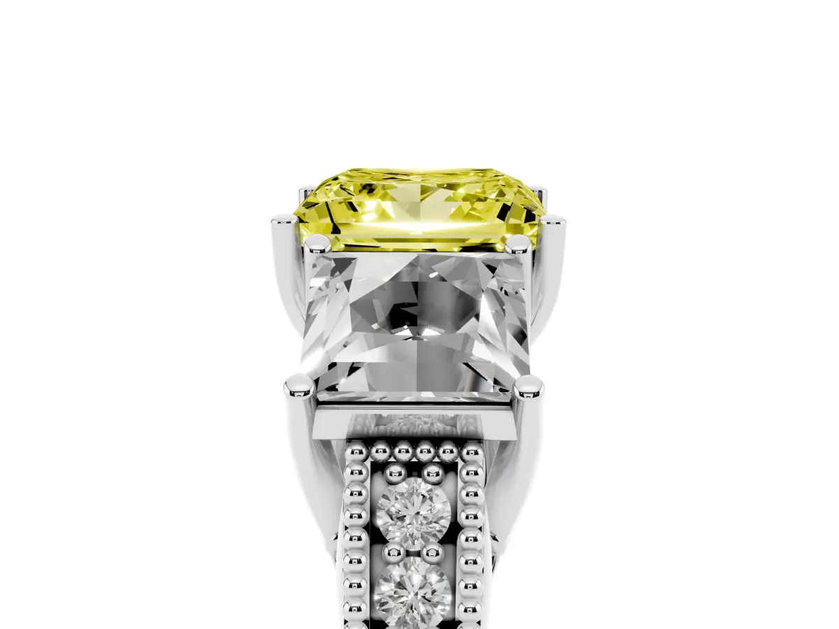 Fancy Yellow Three-Stone Princess Cut Cut Milgrain Pavé Engagement Ring Silver