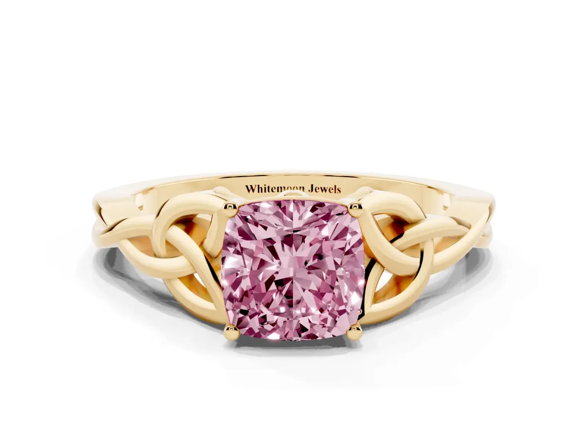 Fancy Pink Cushion Cut Diamond Solitaire Engagement Ring with Celtic Knot Band and Four-Prong Setting Yellow gold