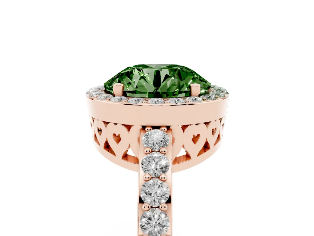 Fancy Green Round Cut Halo Diamond Pavé Band Ring with Prong Setting Rose gold