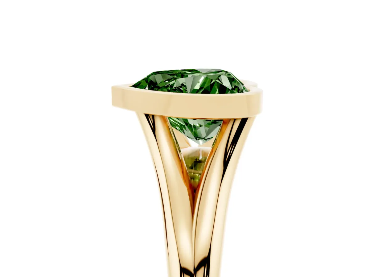 Fancy Green Bezel Set Heart Cut Cut Solitaire Ring with Tapered Band Yellow gold