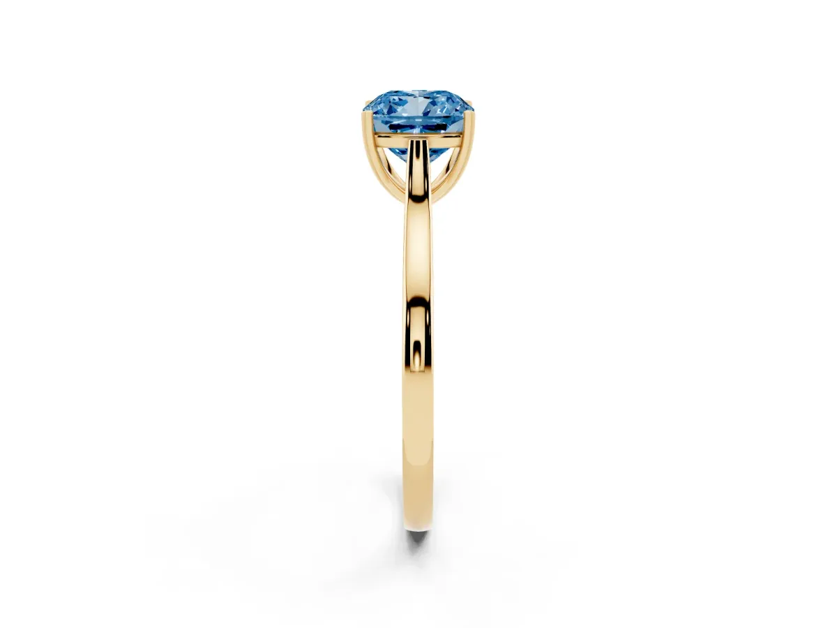 Fancy Blue Cushion Cut Solitaire Heart Prong Engagement Ring with Tapered Band Yellow gold