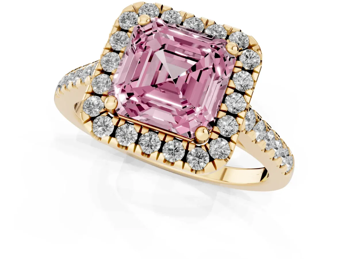 Fancy Pink Asscher Cut Halo Pavé Diamond Engagement Ring with Four-Prong Setting Yellow gold
