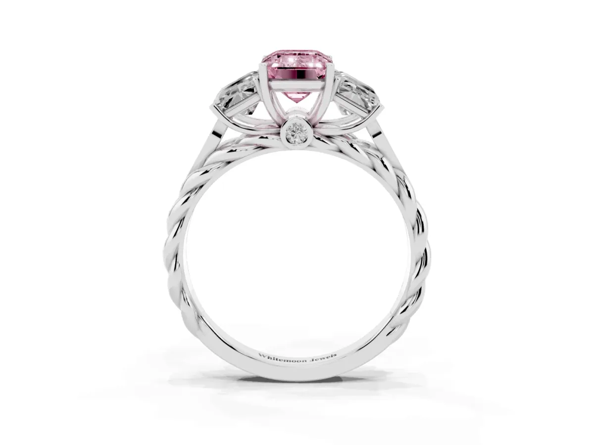 Fancy Pink Three-Stone Emerald Cut Diamond Braided Band Ring with Four-Prong Setting Platinum