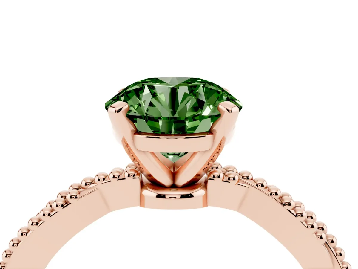 Fancy Green Round Cut Solitaire Twisted Band with Bead Prong Setting Rose gold