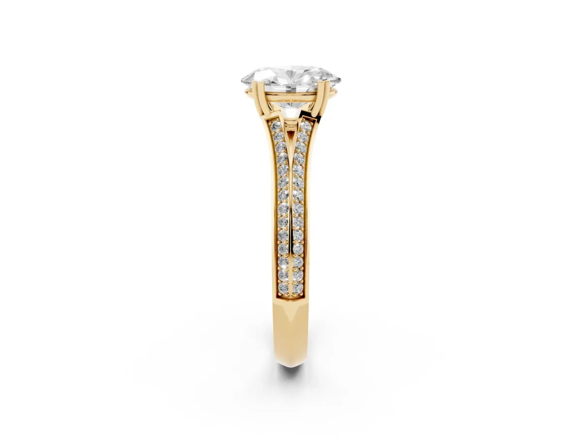 Oval Cut Diamond Split Shank Engagement Ring with Pavé Band Yellow gold