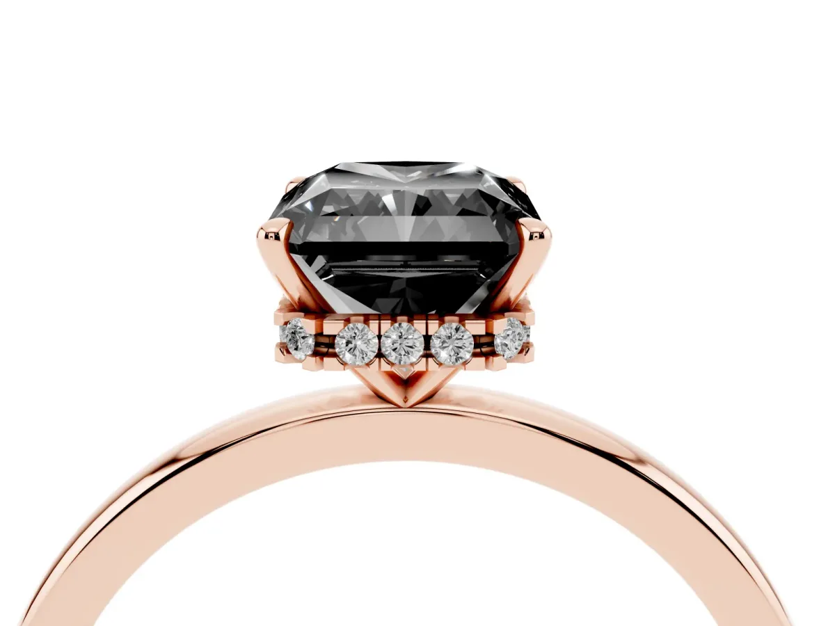 Fancy Black Radiant Cut Solitaire Engagement Ring with Cathedral Band and Four-Prong Setting Rose gold