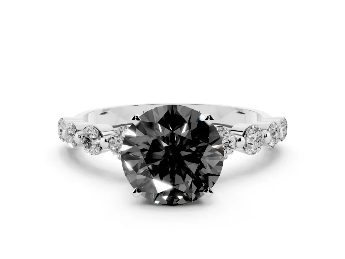 Fancy Black Round Cut Solitaire Diamond Ring with Pave Band and Four-Prong Setting Silver