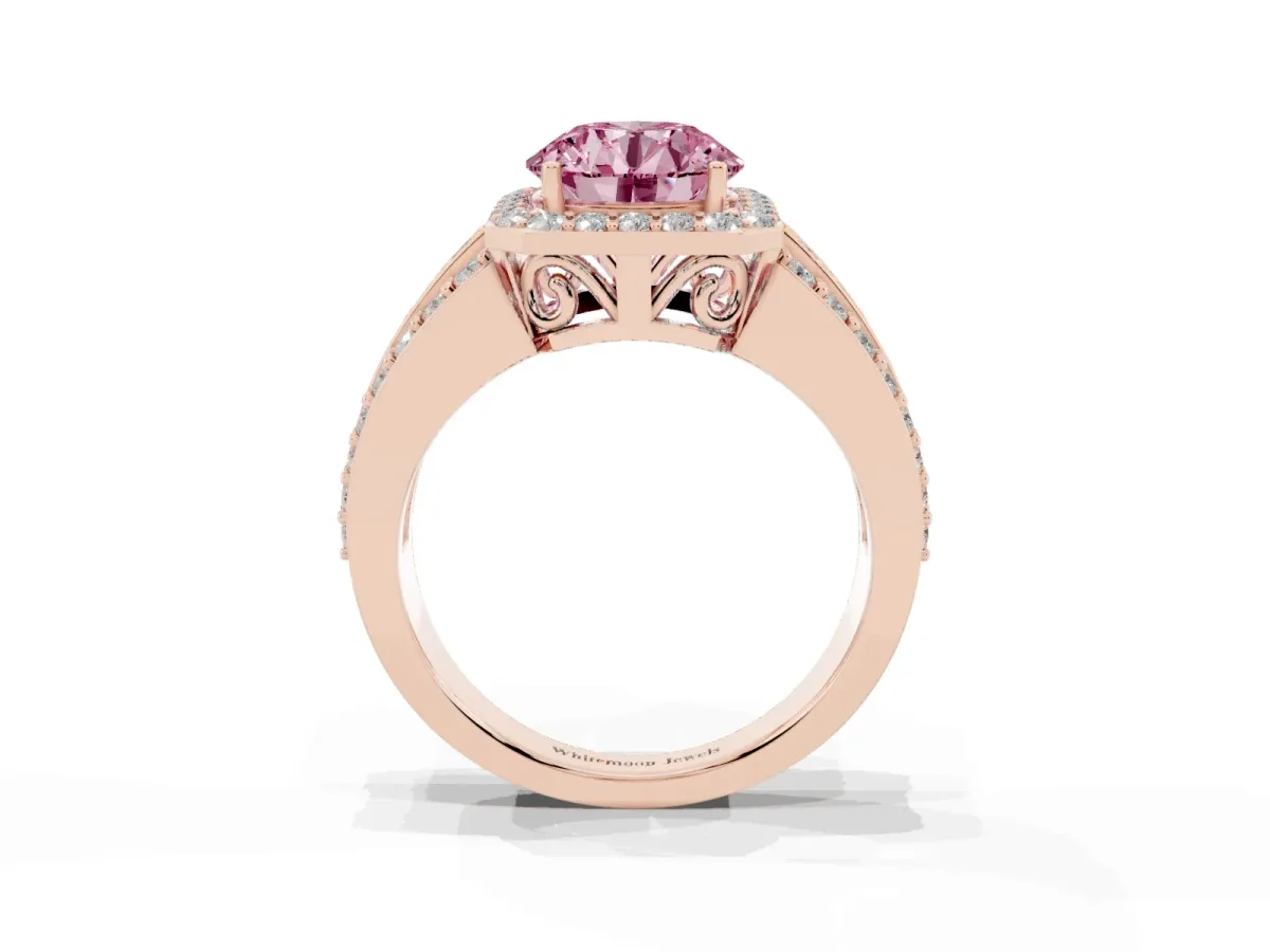 Fancy Pink Round Cut Halo Diamond Ring with Round Split Shank and Prong Setting Rose gold