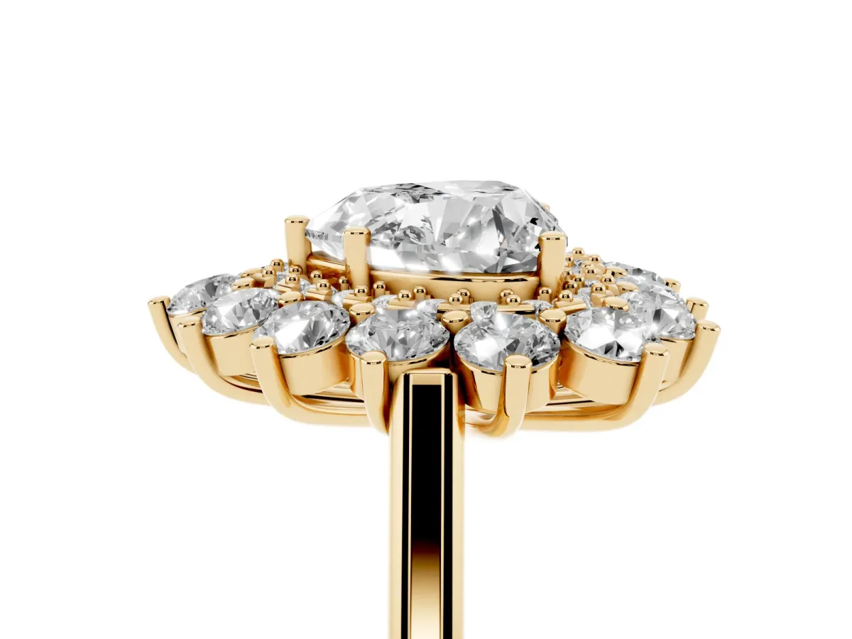 Heart Cut Diamond Floral Double Halo Engagement Ring with Prong Setting Yellow gold
