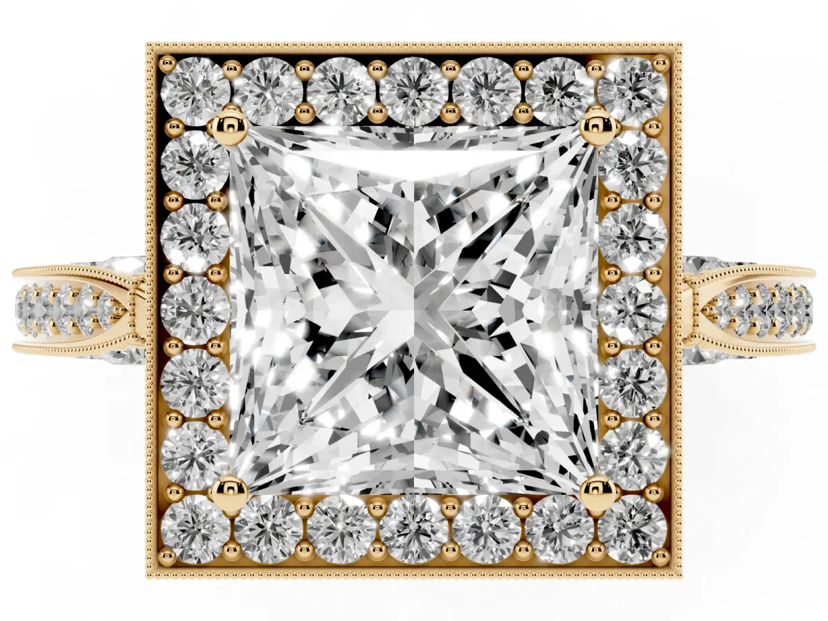 Princess Cut Halo Diamond Engagement Ring with Split Shank Band and Four-Prong Setting Yellow gold