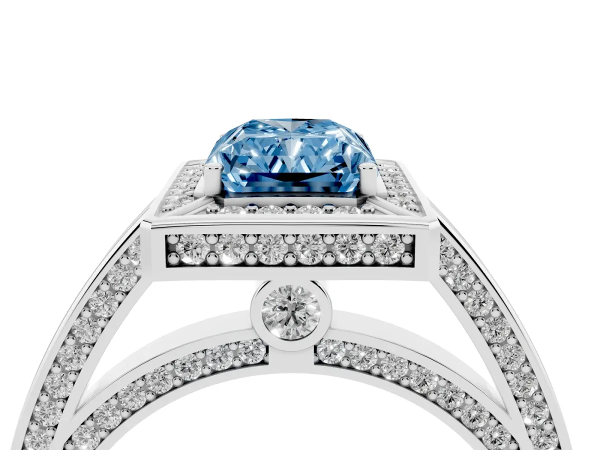 Fancy Blue Radiant Cut Cut Halo Pave Split Shank Prong Setting Ring White gold
