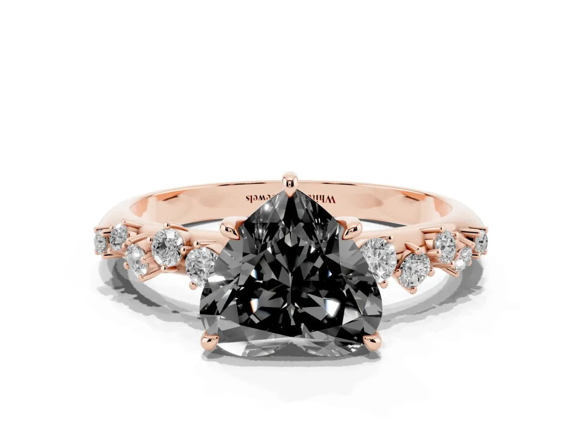 Fancy Black Heart Cut Diamond Cluster Side Stone Solitaire Ring with Prong Setting Rose gold