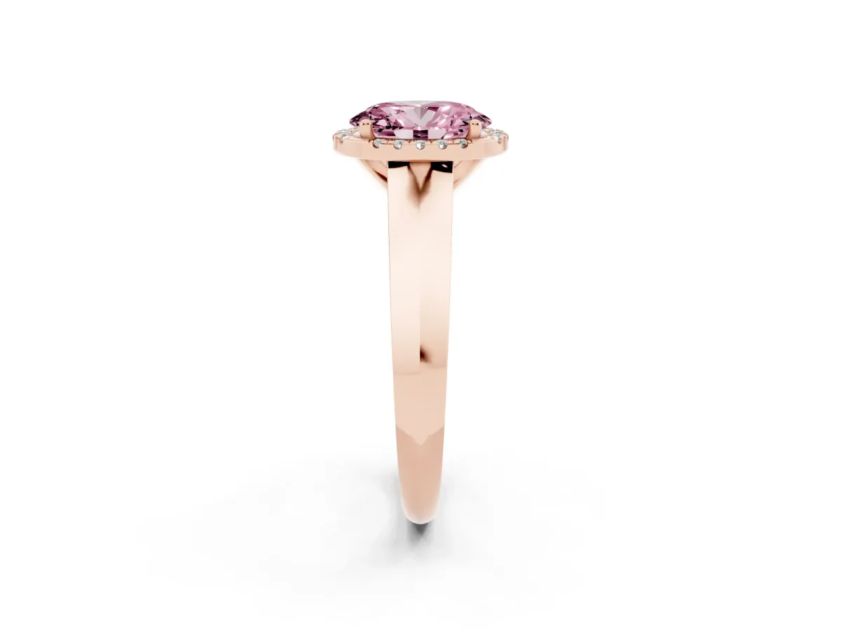 Fancy Pink Oval Cut Halo Diamond Ring with Cathedral Band and Four-Prong Setting Rose gold