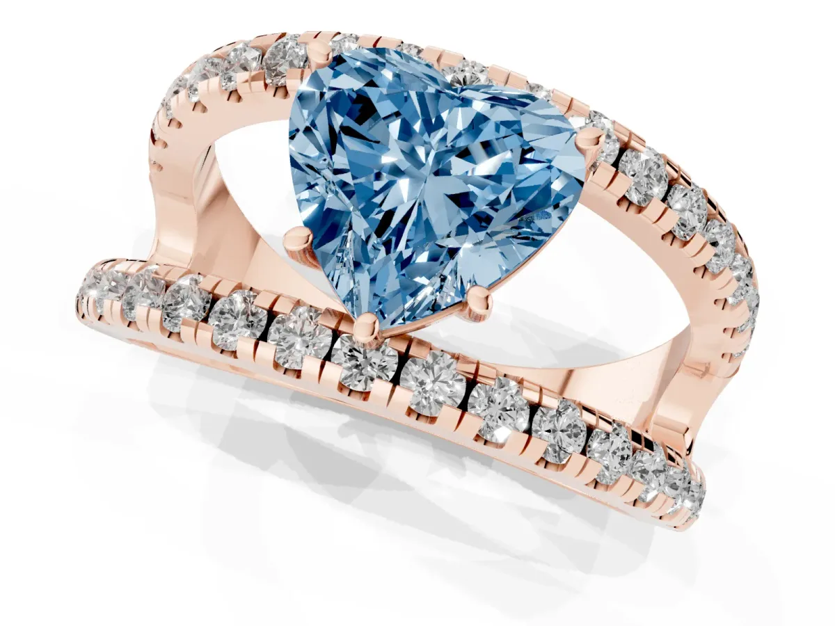 Fancy Blue Heart Cut Solitaire Split Shank Pave Diamond Ring Rose gold