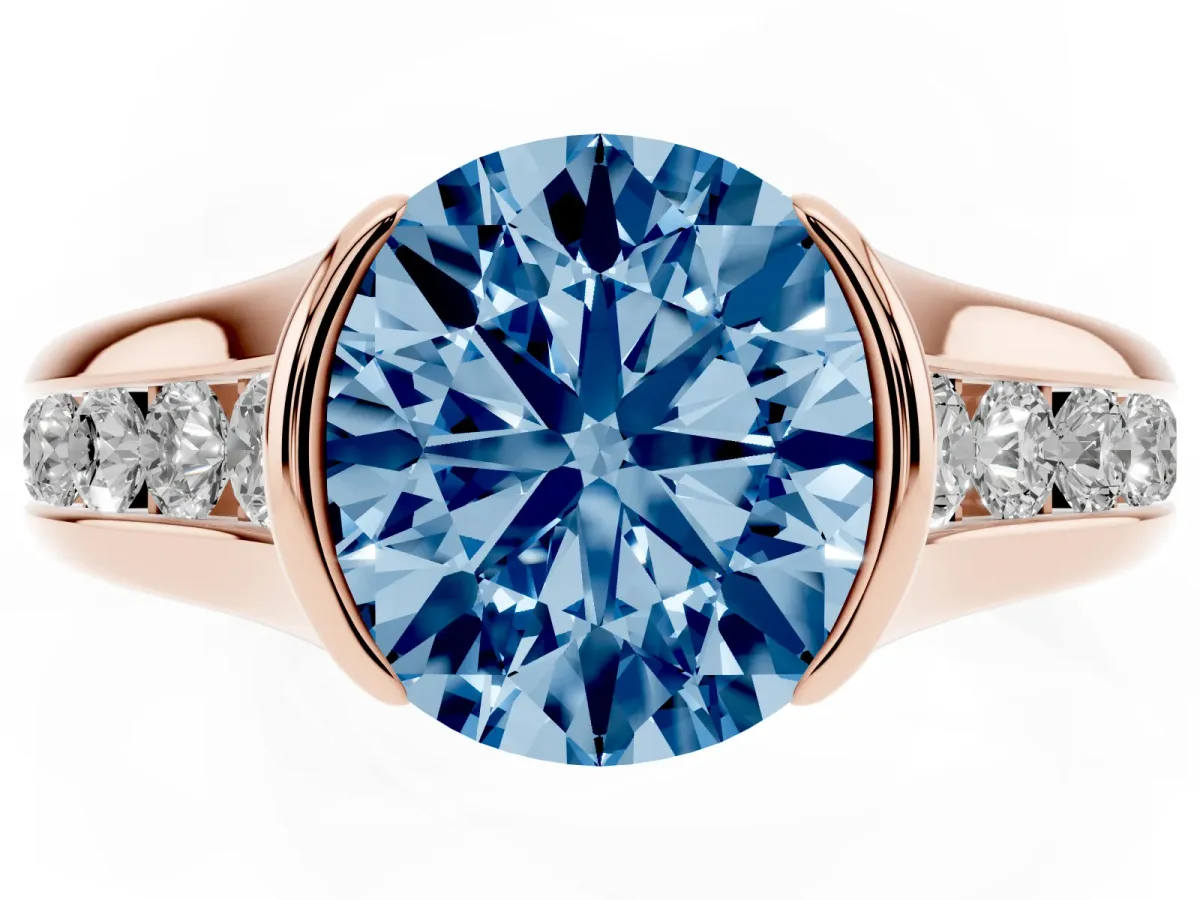 Fancy Blue Round Cut Solitaire Bezel-Set Diamond Ring with Channel-Set Band Rose gold