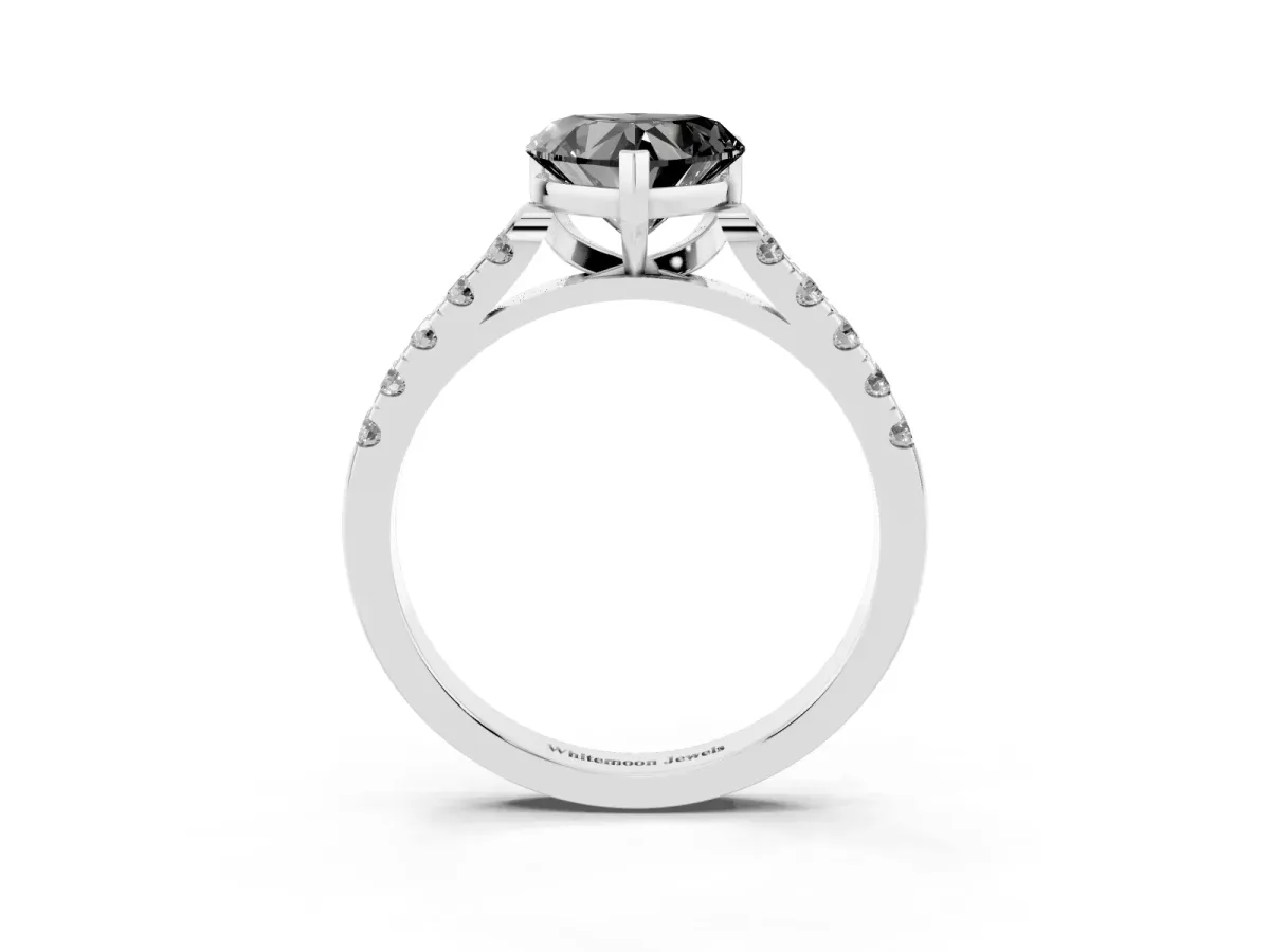 Fancy Black Heart Cut Diamond Pavé Band Solitaire Ring with Prong Setting Silver
