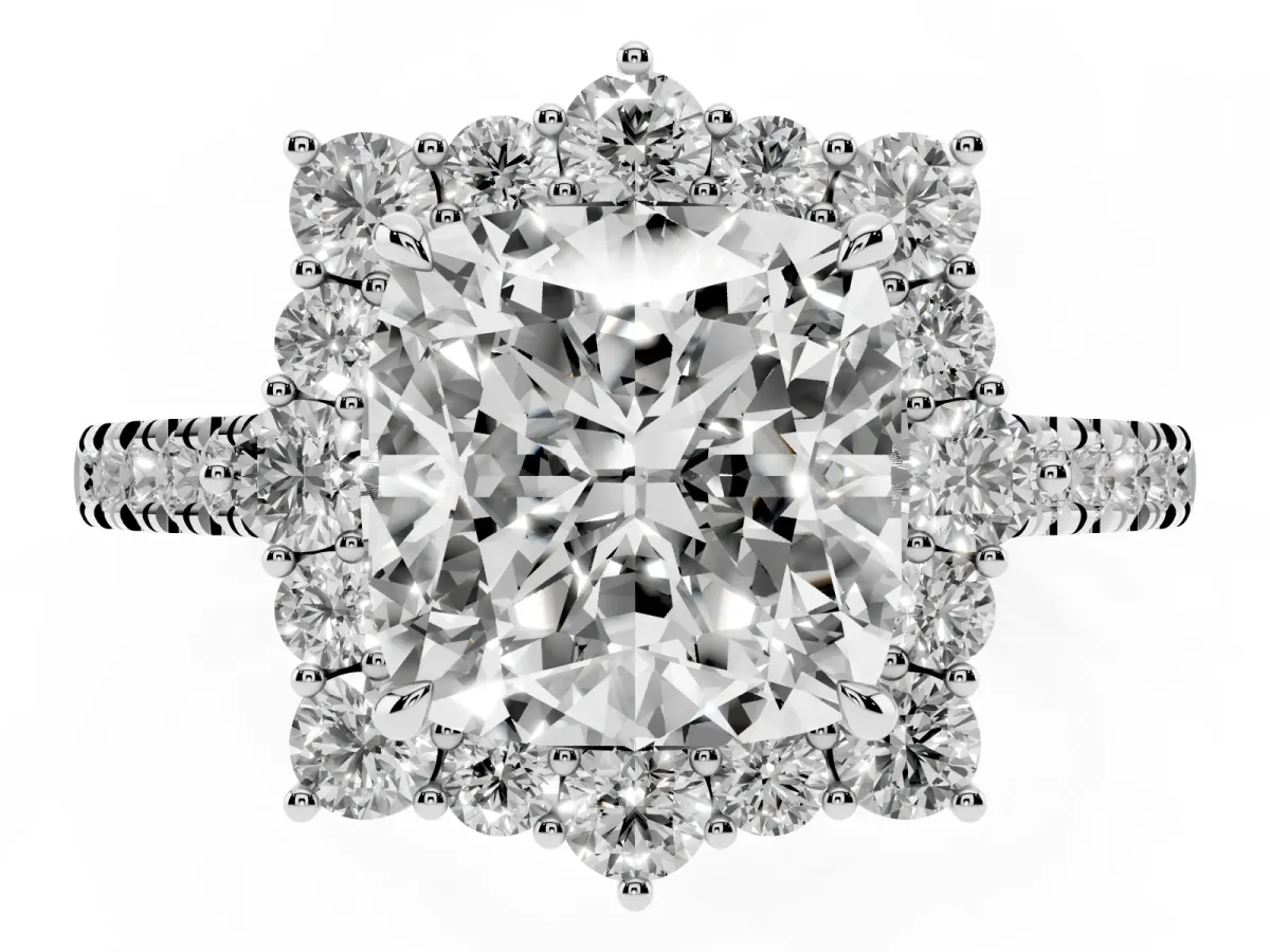 Cushion Cut Halo Diamond Ring with Pavé Band and Prong Setting Silver