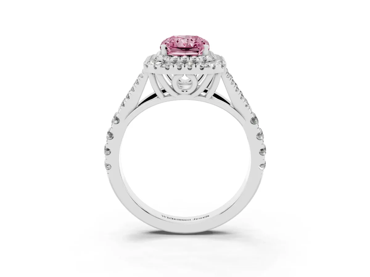 Fancy Pink Double Halo Radiant Cut Diamond Split Shank Engagement Ring with Four-Prong Setting Silver