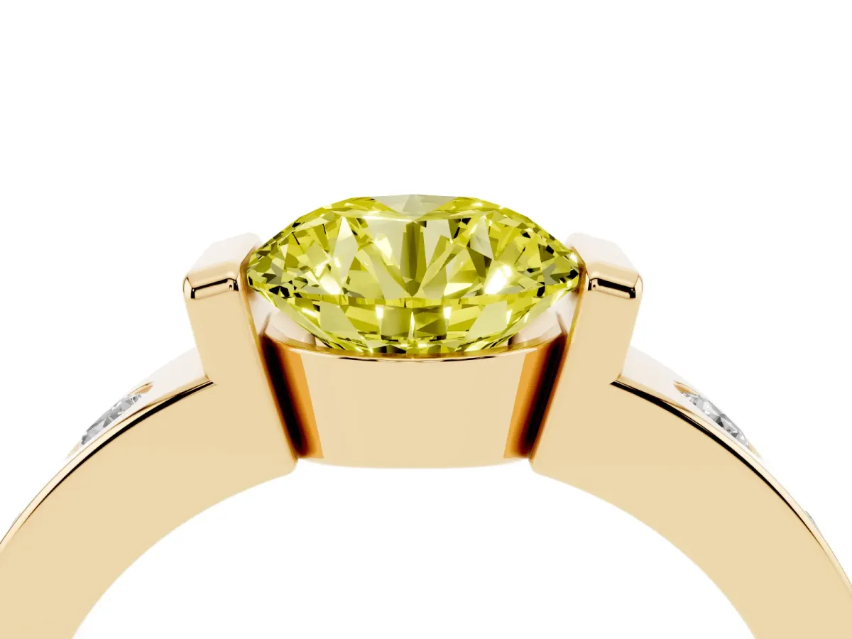 Fancy Yellow Round Cut Brilliant Channel-Set Diamond Ring with Bezel Prong Setting Yellow gold