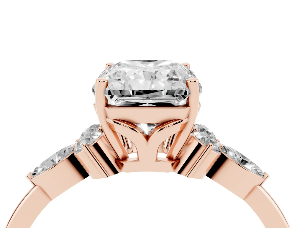 Radiant Cut Brilliant Diamond Solitaire Ring with Pear Side Stones and Four-Prong Setting Rose gold