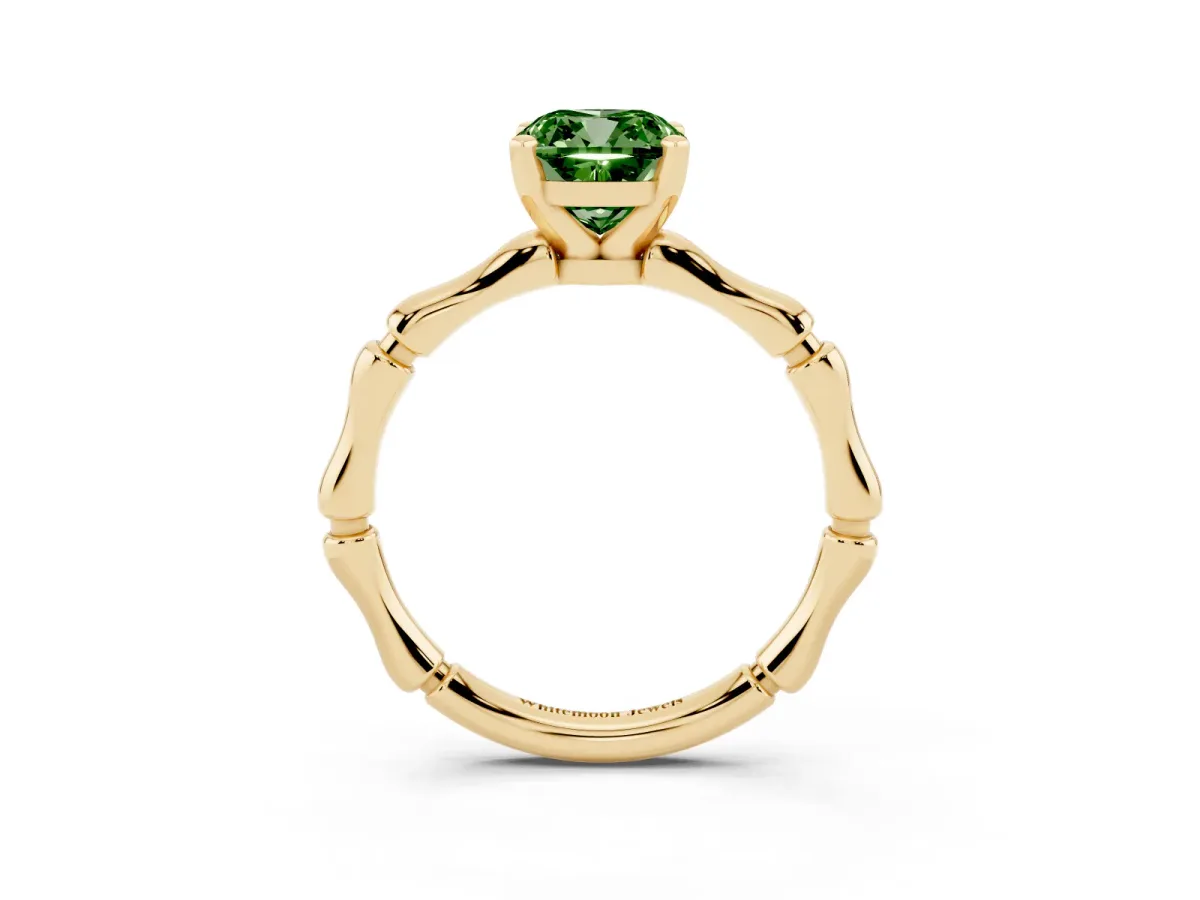 Fancy Green Cushion Cut Solitaire Diamond Ring with Bamboo Band and Four-Prong Setting Yellow gold