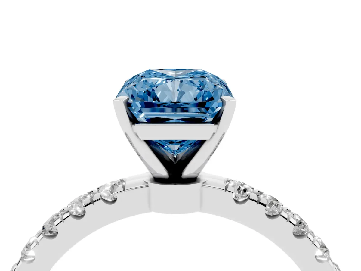 Fancy Blue Radiant Cut Diamond Solitaire Ring with Pavé Accents and Four-Prong Setting Silver