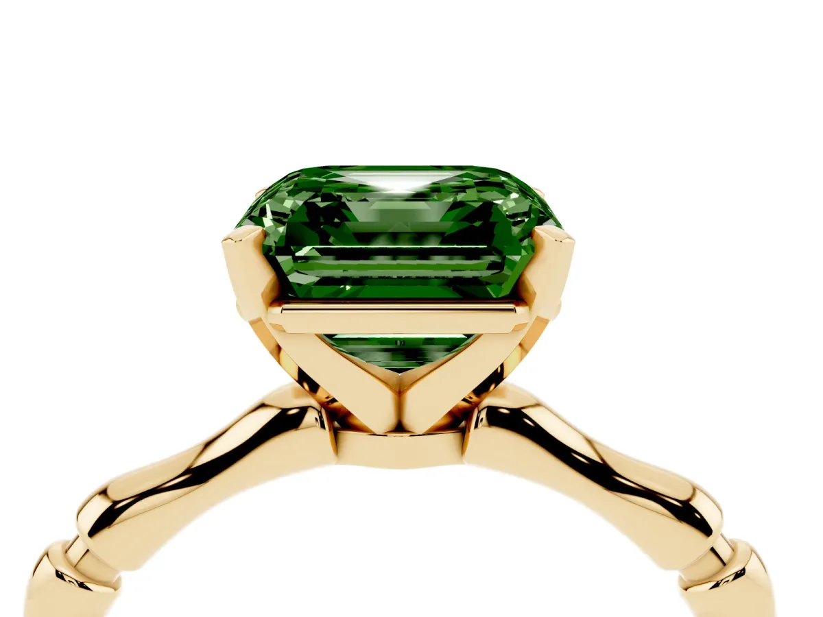 Fancy Green Asscher Cut Solitaire Diamond Ring with Bamboo Band and Four-Prong Setting Yellow gold