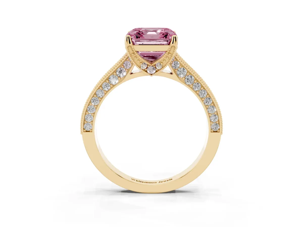 Fancy Pink Asscher Cut Cut Diamond Solitaire Ring with Milgrain Pave Band and Four Prong Setting Yellow gold