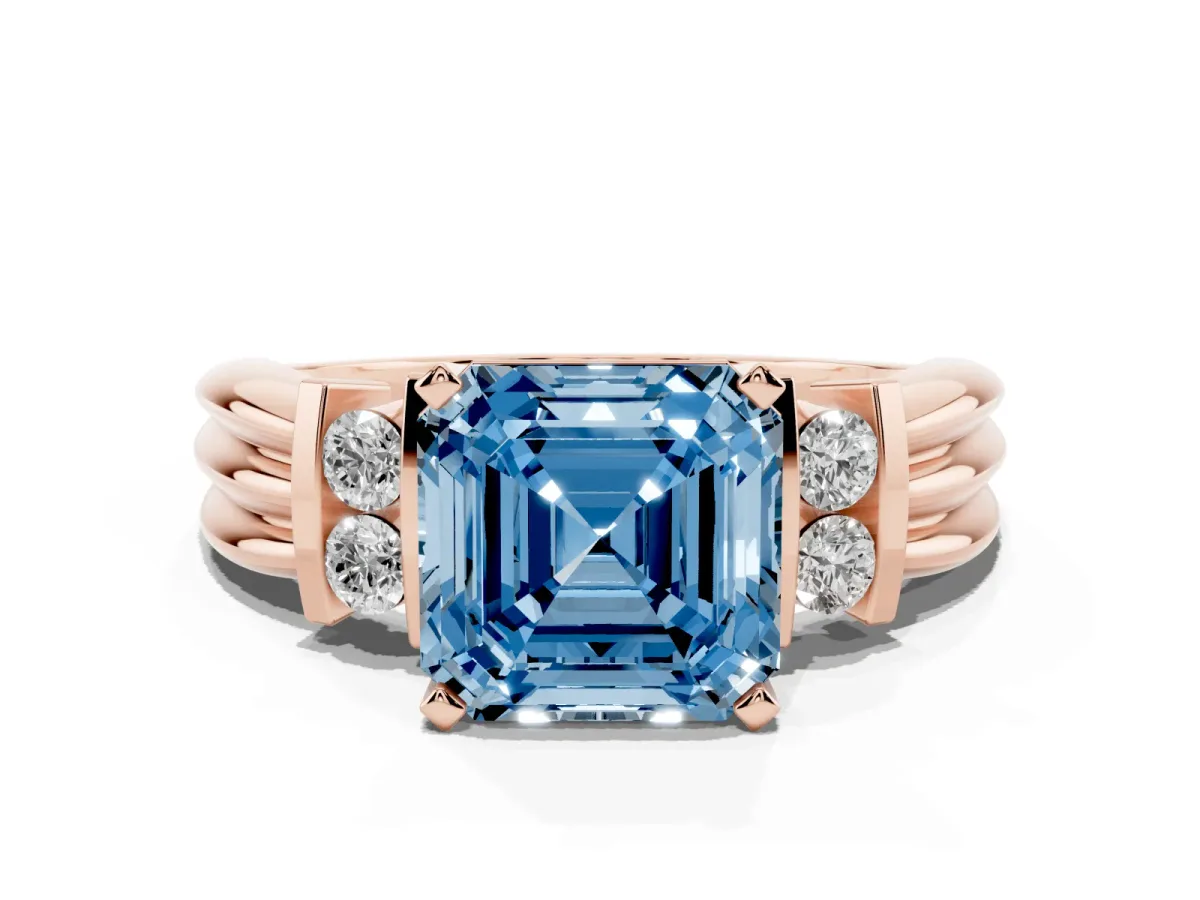 Fancy Blue Asscher Cut Cut Three-Stone Channel Set Ring with Bar Prongs Rose gold