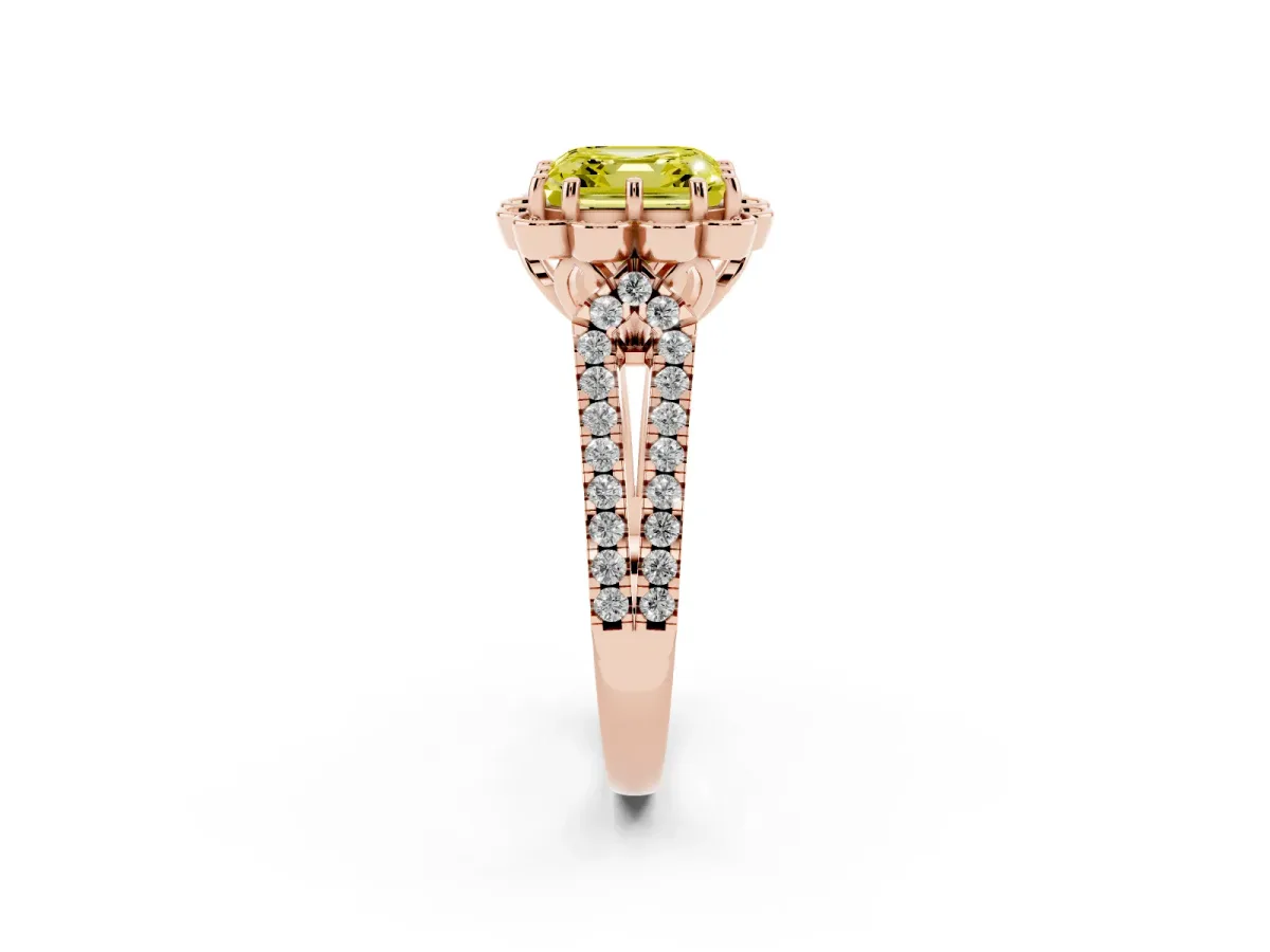 Fancy Yellow Asscher Cut Halo Diamond Floral Split Shank Engagement Ring Rose gold