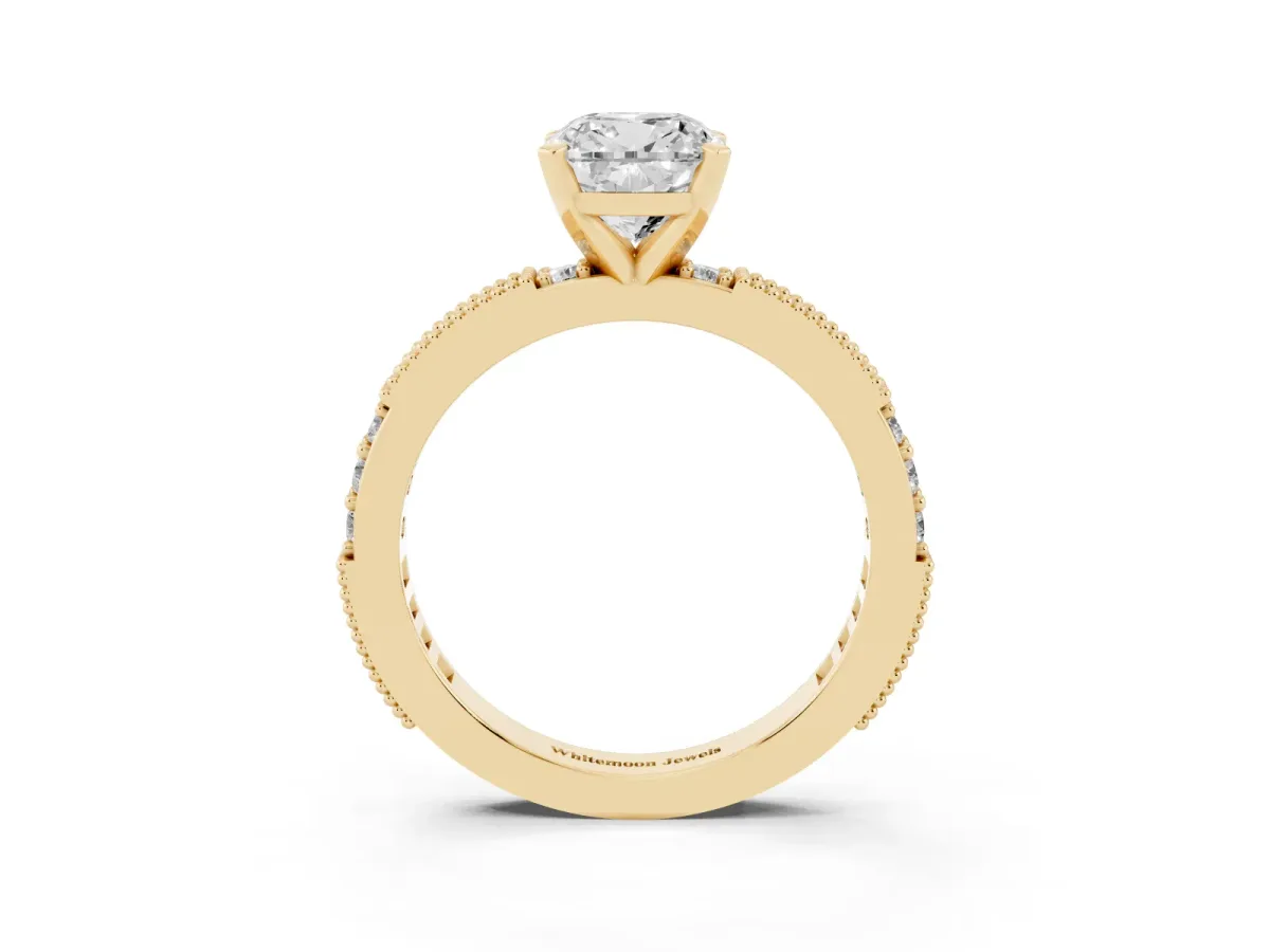 Cushion Cut Solitaire with Pavé Band and Four-Prong Setting Yellow gold