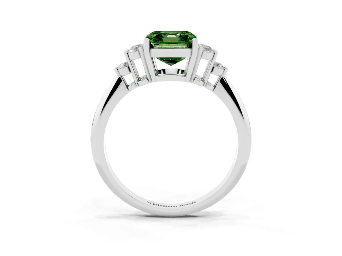 Fancy Green Asscher Cut Cut Diamond Cluster Ring with Solitaire Band and Four-Prong Setting Silver