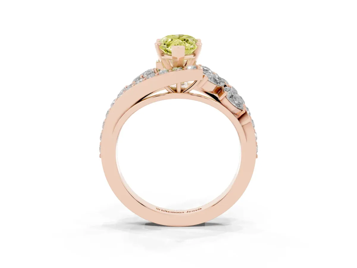 Fancy Yellow Marquise Cut Diamond Halo Ring with Marquise and Pavé Band in Prong Setting Rose gold