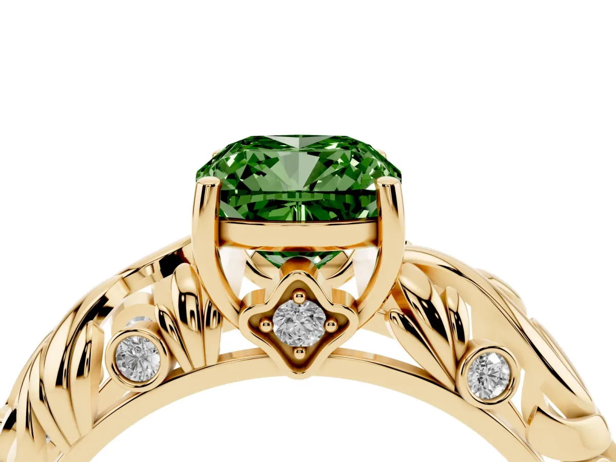 Fancy Green Cushion Cut Solitaire Diamond Leaf-Inspired Vine Band Ring with Prong Setting Yellow gold