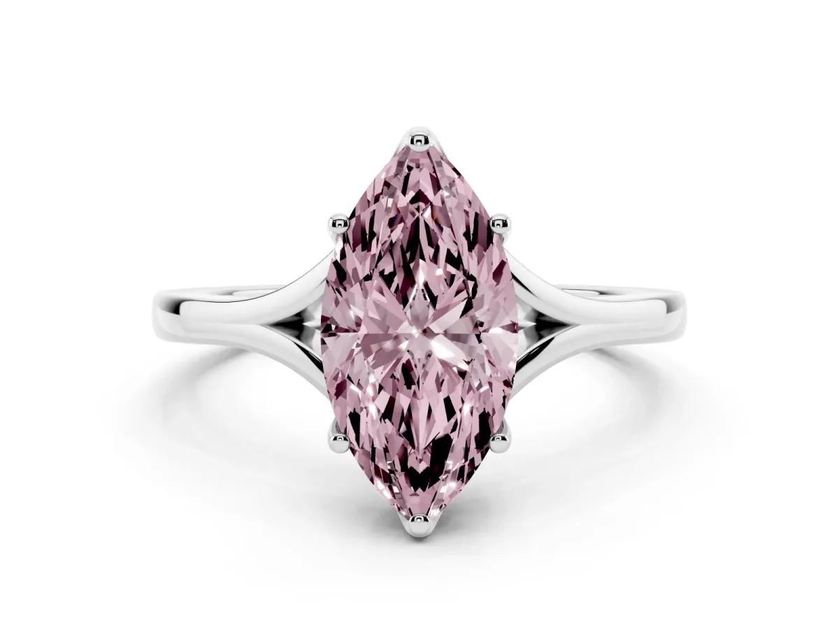 Fancy Pink Marquise Cut Solitaire Diamond Ring with Six-Prong Setting and Tapered Band Platinum